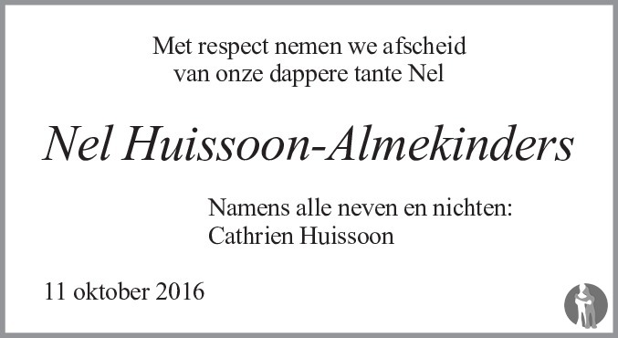 Overlijdensbericht van Pieternella Johanna Huissoon - Almekinders in PZC Provinciale Zeeuwse Courant