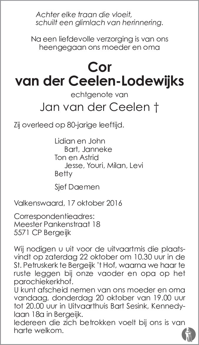 Cor van der Ceelen - Lodewijks 17-10-2016 overlijdensbericht en ...