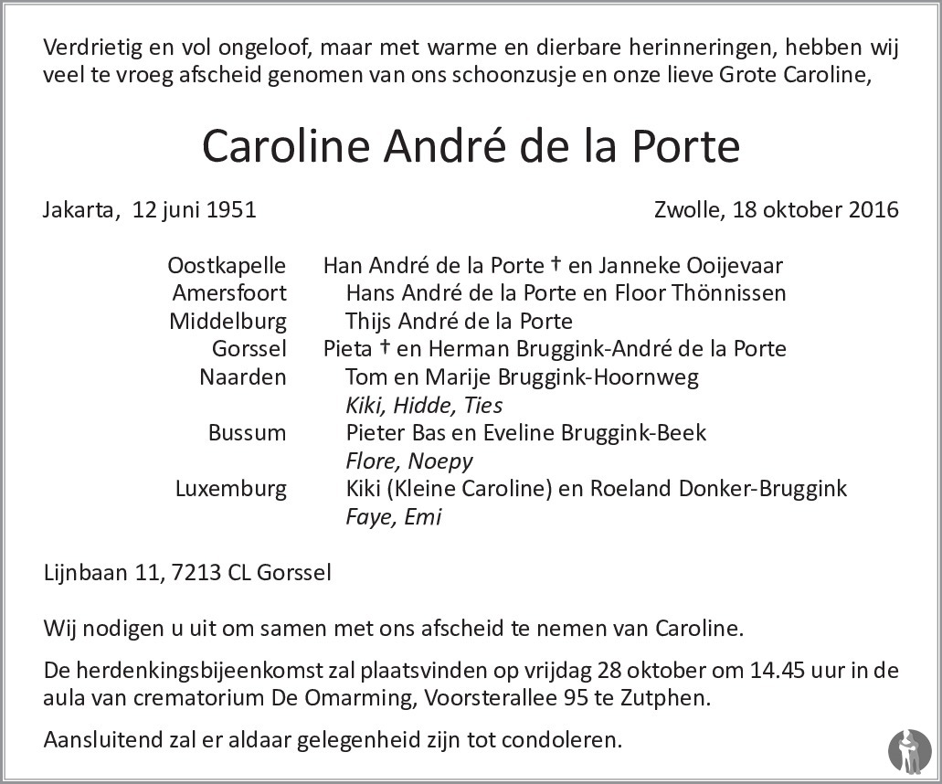 Caroline André de la Porte 18-10-2016 overlijdensbericht en