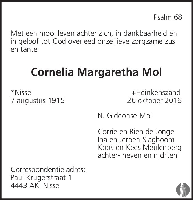 Overlijdensbericht van Cornelia Margaretha  Mol in PZC Provinciale Zeeuwse Courant