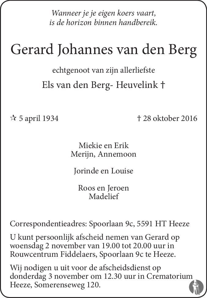 Gerard Johannes van den Berg 28-10-2016 overlijdensbericht en ...