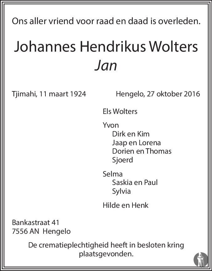 Johannes Hendrikus Jan Wolters 27 10 2016 Overlijdensbericht En