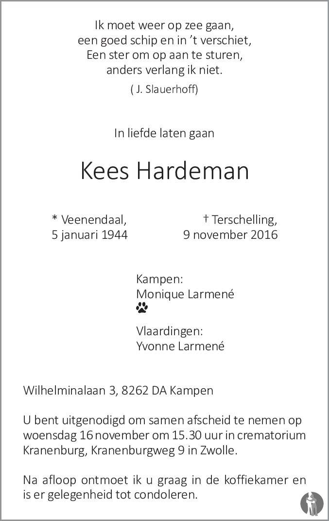 Overlijdensbericht van Kees Hardeman in de Stentor