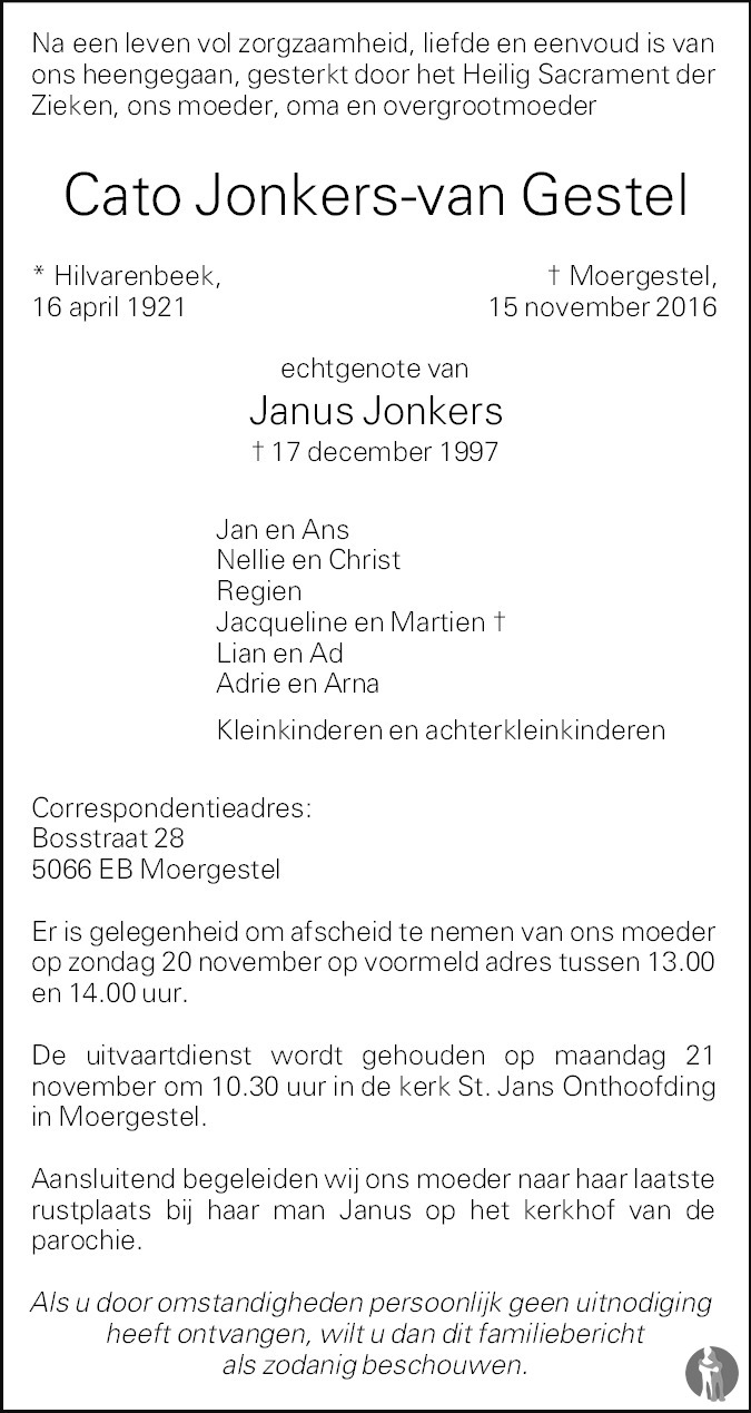 Overlijdensbericht van Cato  Jonkers - van Gestel in Brabants Dagblad