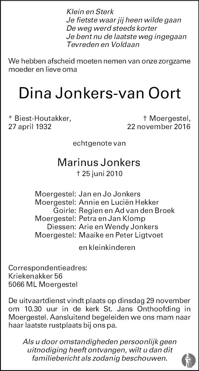 Overlijdensbericht van Dina  Jonkers - van Oort in Brabants Dagblad