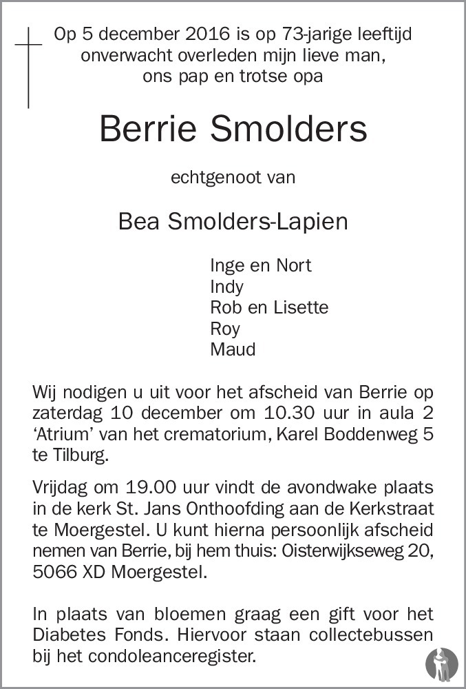 Overlijdensbericht van Berrie  Smolders in Brabants Dagblad