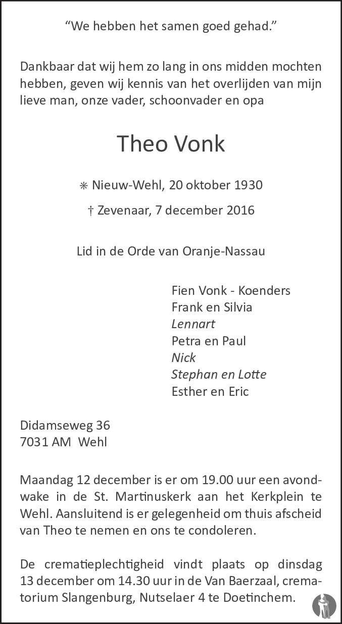 Theo Vonk 07122016 overlijdensbericht en condoleances Mensenlinq.nl