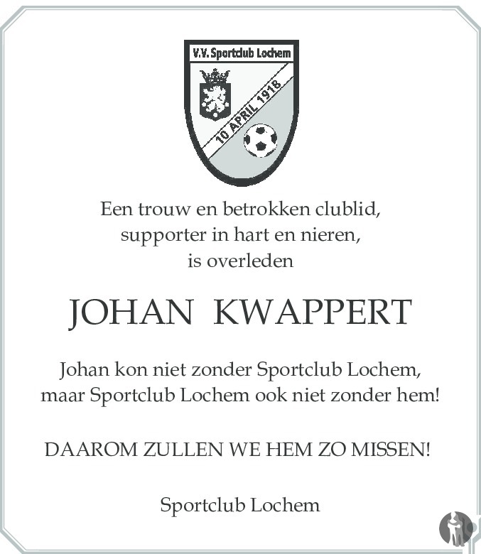 Overlijdensbericht van Johan Kwappert in de Stentor
