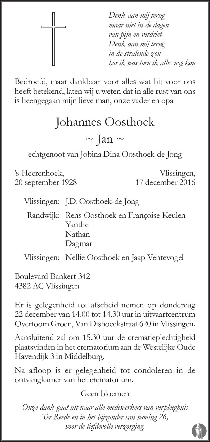 Johannes (Jan) Oosthoek 17122016 overlijdensbericht en condoleances