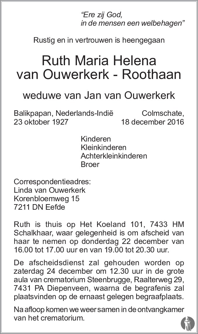 Overlijdensbericht van Ruth Maria Helena van Ouwerkerk - Roothaan in de Stentor