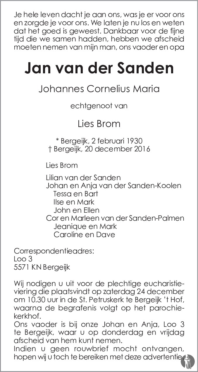 Johannes Cornelius Maria (Jan) van der Sanden 20-12-2016 ...