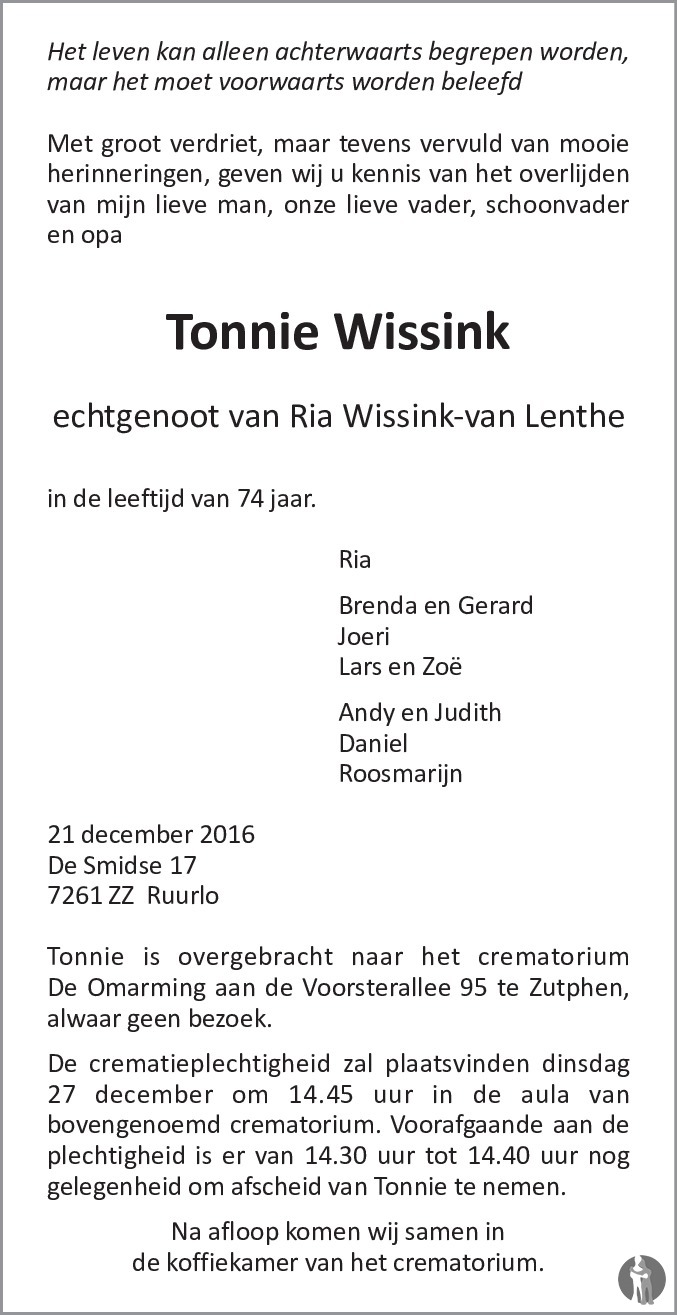 Tonnie Wissink 21-12-2016 overlijdensbericht en condoleances ...