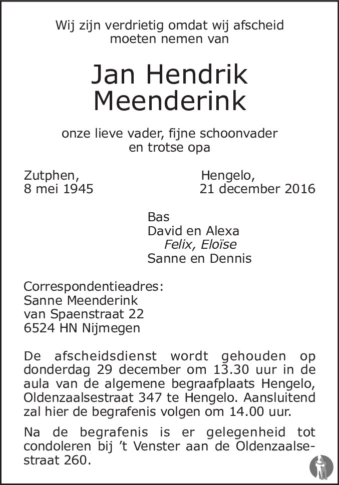 Jan Hendrik Meenderink 21-12-2016 overlijdensbericht en condoleances ...