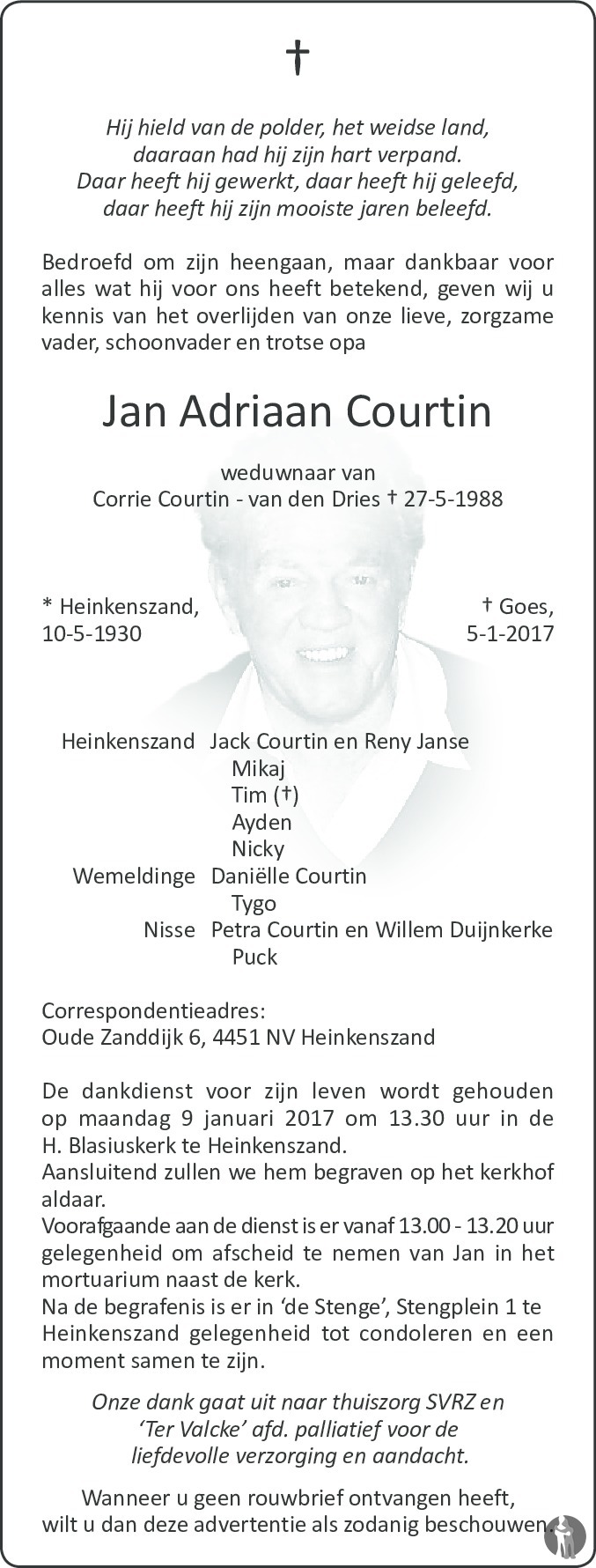 Overlijdensbericht van Jan Adriaan Courtin in PZC Provinciale Zeeuwse Courant