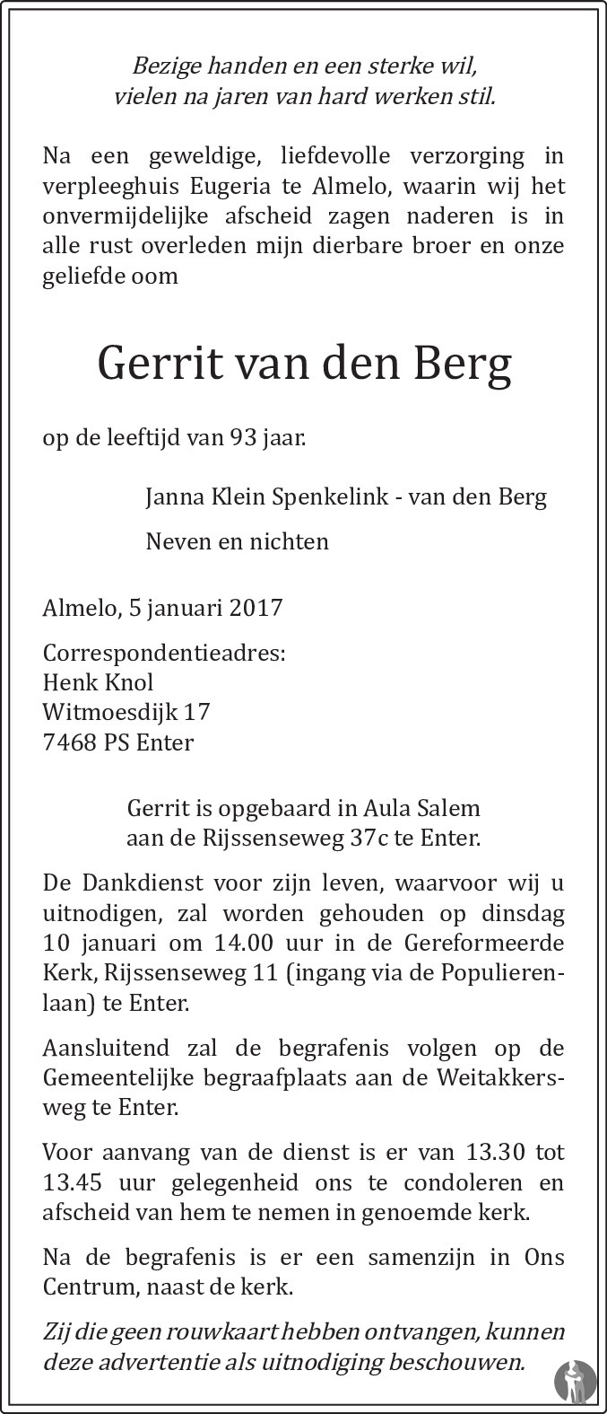 Gerrit Hendrik (Henk) van den Berg 27112008 overlijdensbericht en condoleances Mensenlinq.nl Gerrit Hendrik (Henk) van den Berg 27112008 overlijdensbericht en condoleances Mensenlinq.nl
