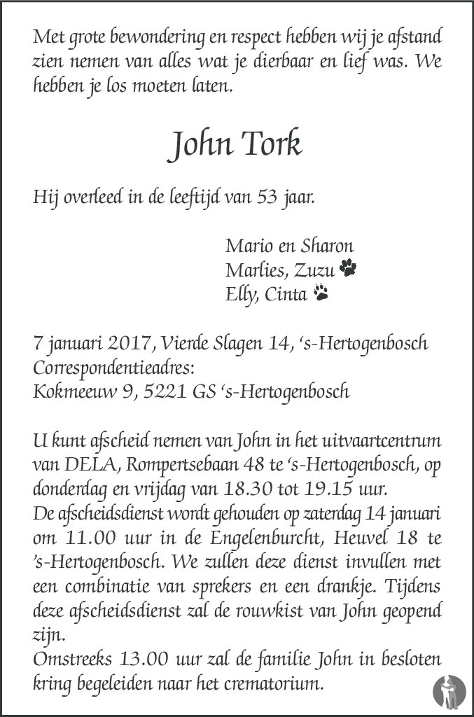 John Tork 07-01-2017 overlijdensbericht en condoleances - Mensenlinq.nl