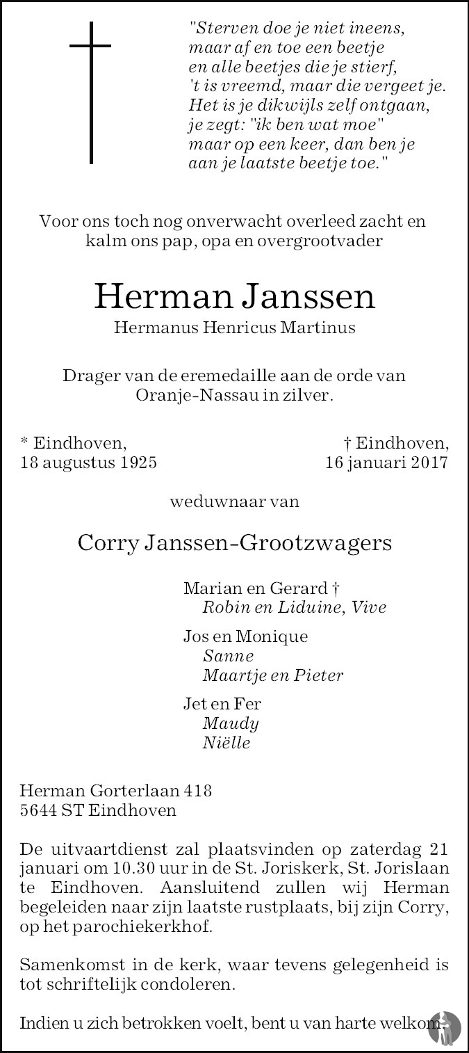 Hermanus Henricus Martinus (Herman) Janssen 16-01-2017 ...