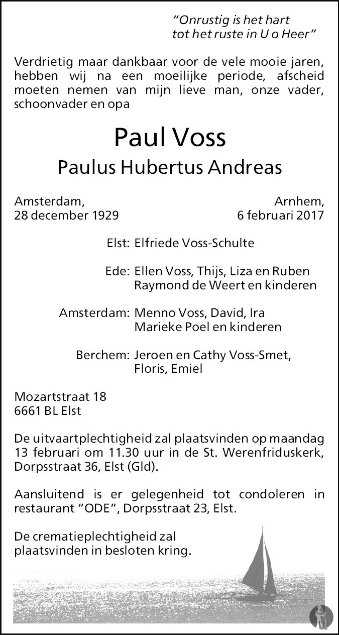 Overlijdensbericht van Paulus Hubertus Andreas (Paul) Voss in de Gelderlander