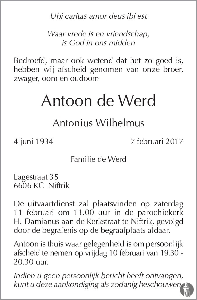 Overlijdensbericht van Antonius Wilhelmus (Antoon) de Werd in de Gelderlander