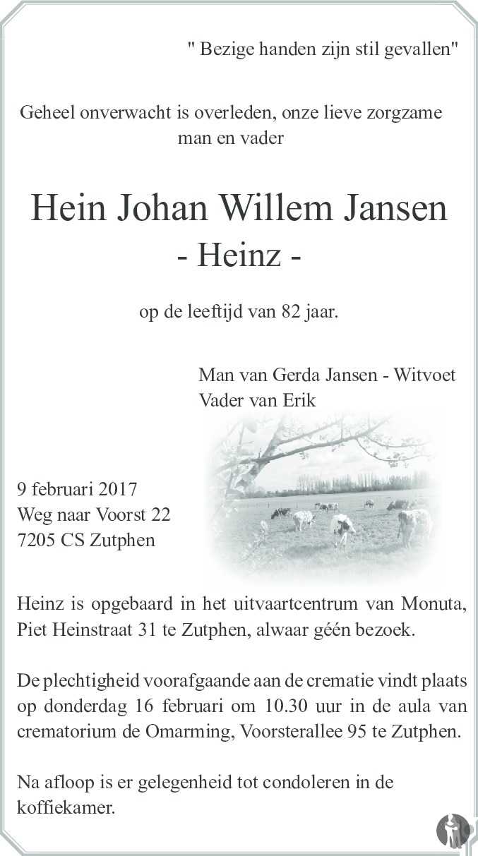 Hein Johan Willem (Heinz) Jansen 09-02-2017 overlijdensbericht en ...