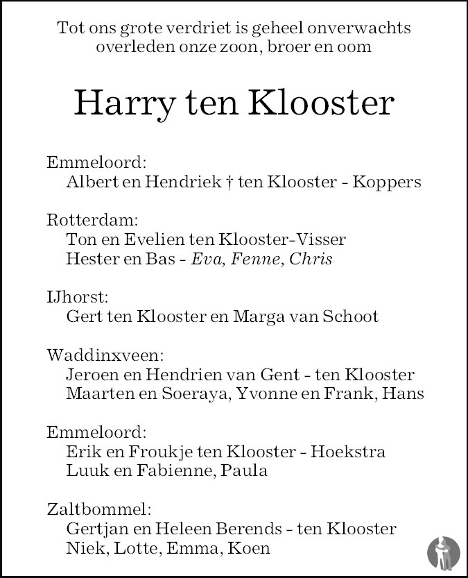 Overlijdensbericht van Harry ten Klooster in de Stentor