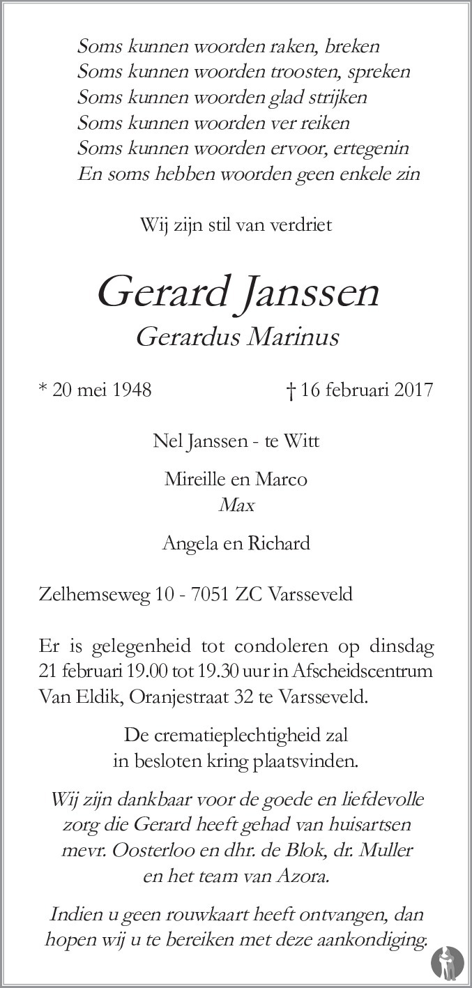 Gerardus Marinus (Gerard) Janssen 16-02-2017 overlijdensbericht en ...