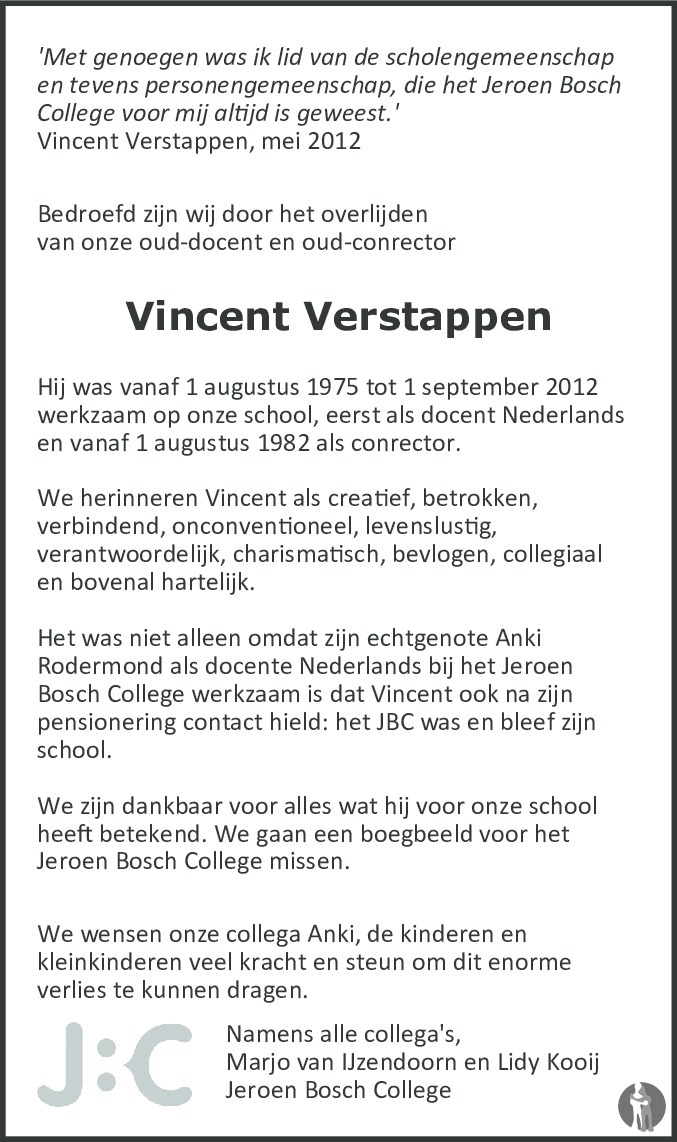 Overlijdensbericht van Vincent Verstappen in Brabants Dagblad