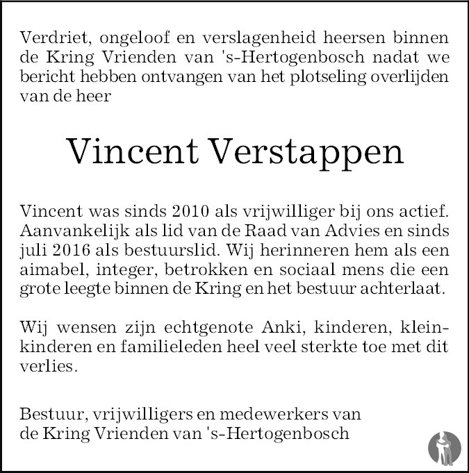 Overlijdensbericht van Vincent Verstappen in Brabants Dagblad