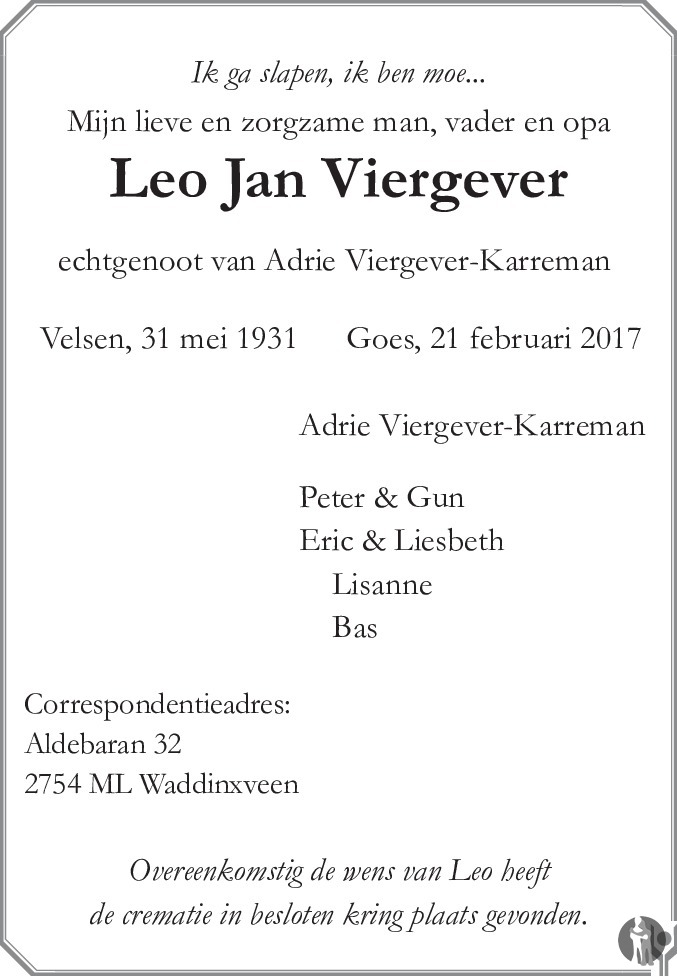 Leo Jan Viergever 21-02-2017 overlijdensbericht en condoleances ...