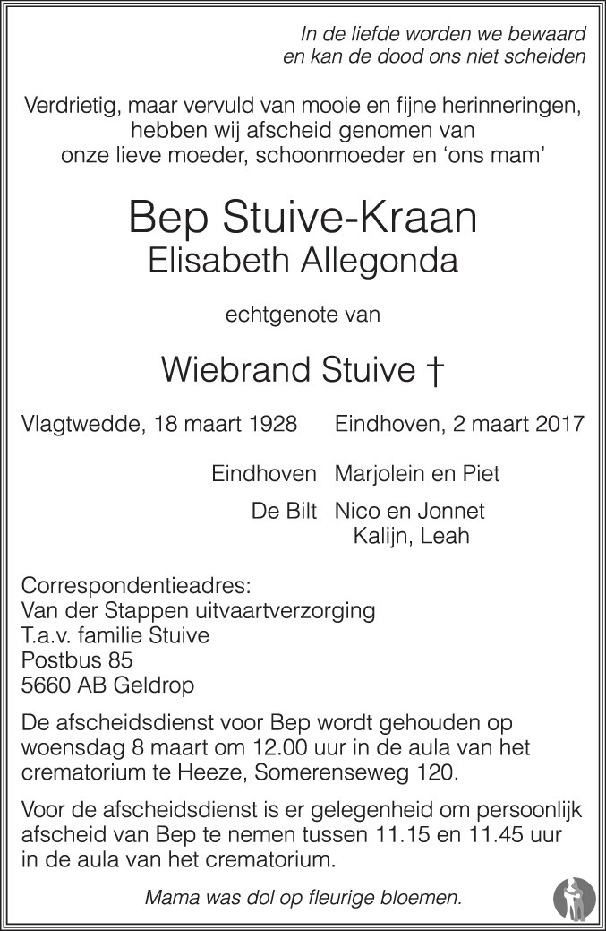 Elisabeth Allegonda (Bep) Stuive Kraan 02032017 overlijdensbericht en condoleances