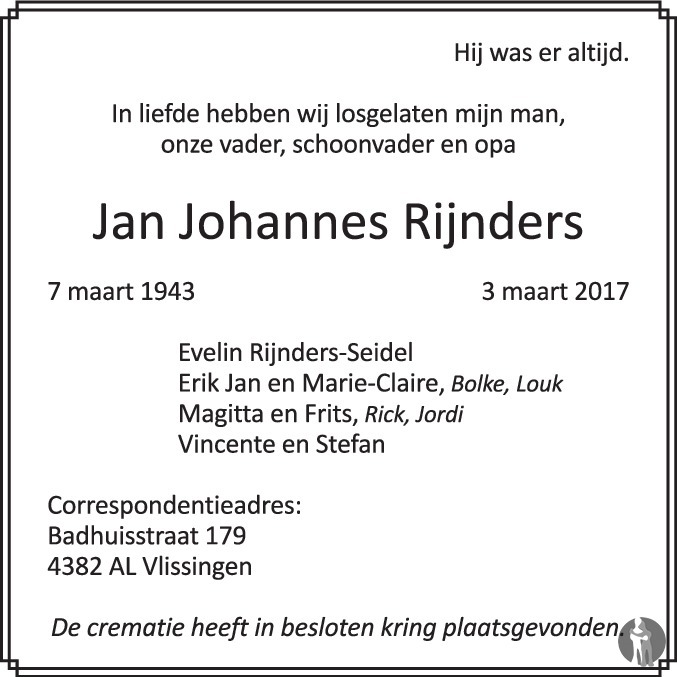 Overlijdensbericht van Jan Johannes Rijnders in PZC Provinciale Zeeuwse Courant