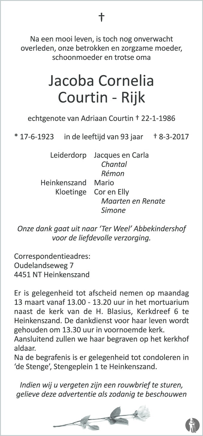Overlijdensbericht van Jacoba Cornelia Courtin - Rijk in PZC Provinciale Zeeuwse Courant