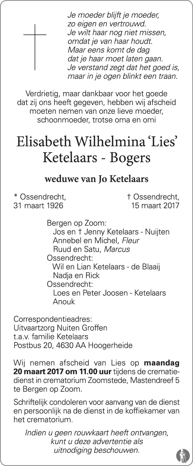 Elisabeth Wilhelmina (Lies) Ketelaars Bogers 15032017 overlijdensbericht en condoleances Elisabeth Wilhelmina (Lies) Ketelaars Bogers 15032017 overlijdensbericht en condoleances