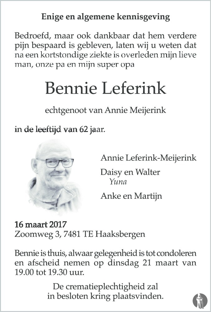 Bennie Leferink 16-03-2017 overlijdensbericht en condoleances ...