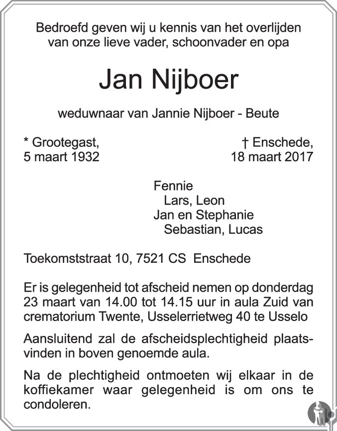 Jan Nijboer 18032017 overlijdensbericht en condoleances Mensenlinq.nl