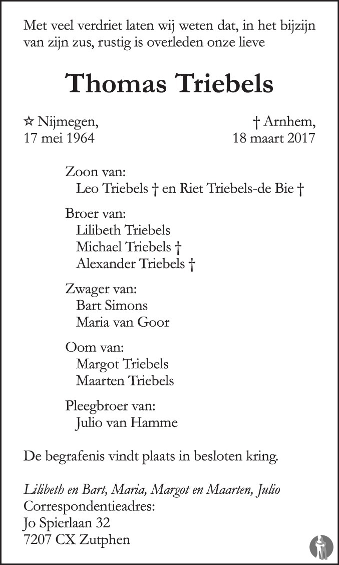 Overlijdensbericht van Thomas Triebels in de Gelderlander
