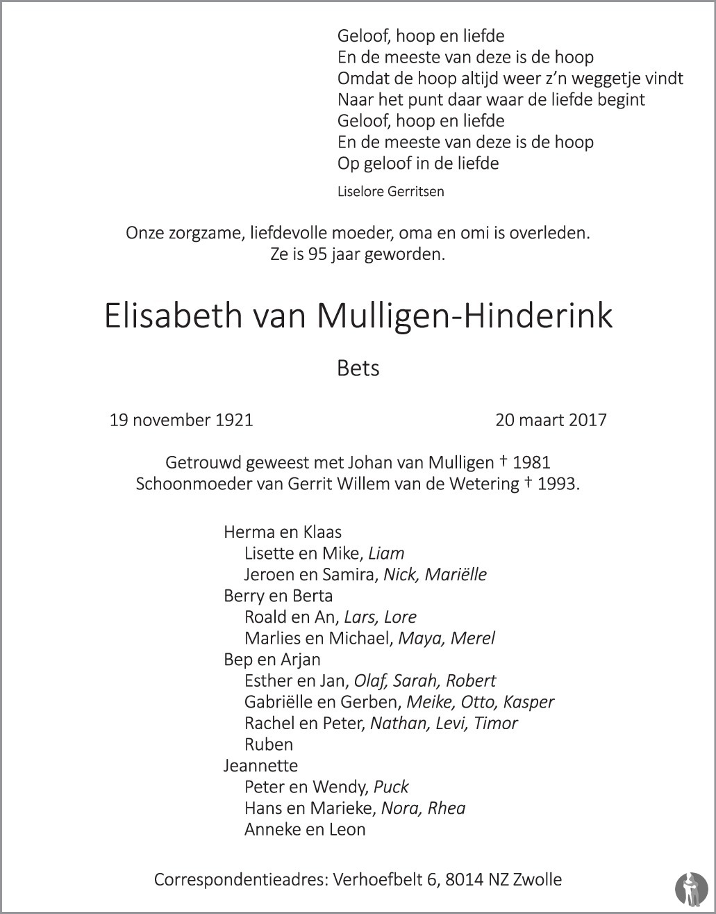 Overlijdensbericht van Elisabeth (Bets) van Mulligen - Hinderink in de Stentor