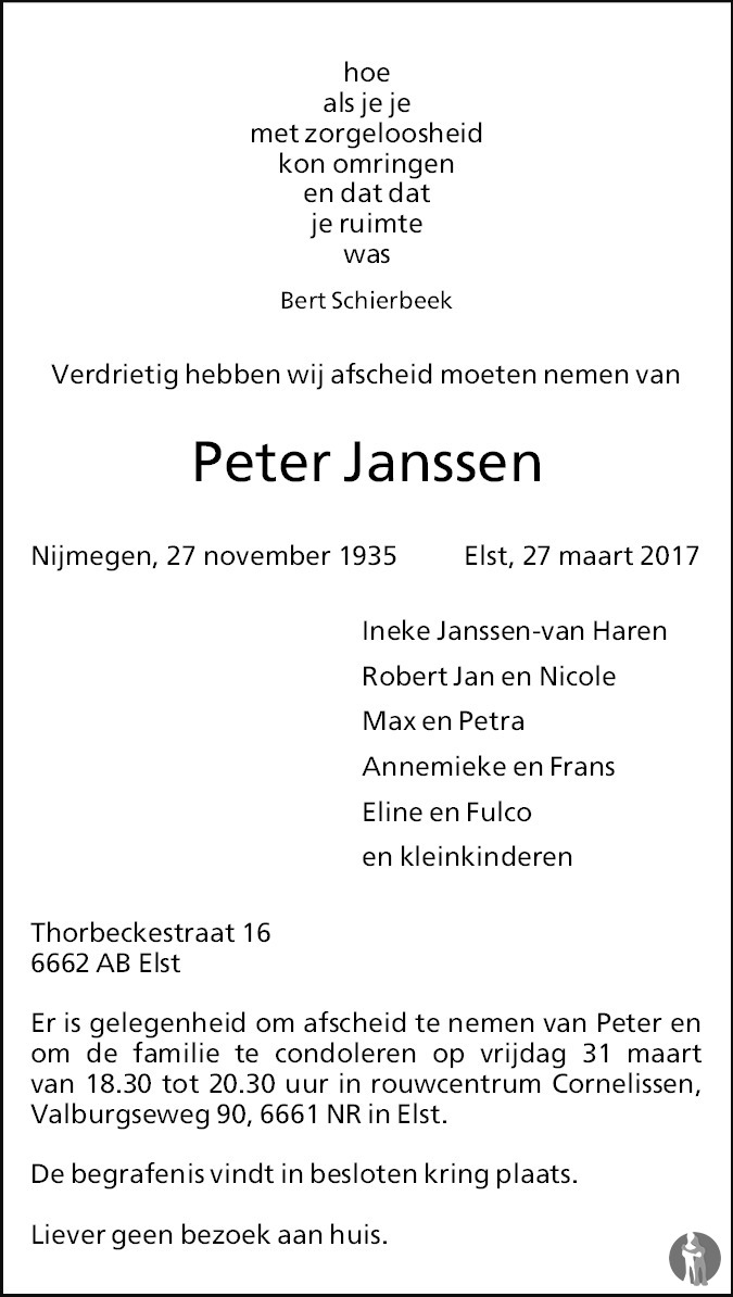 Peter Janssen 27-03-2017 overlijdensbericht en condoleances - Mensenlinq.nl