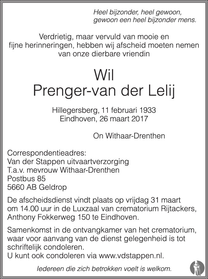 Overlijdensbericht van Wil Prenger - van der Lelij in Eindhovens Dagblad