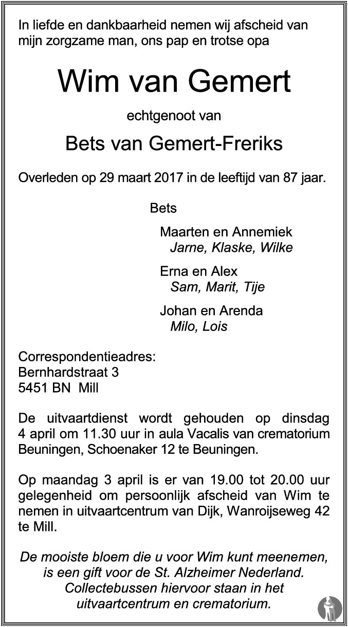 Wim van Gemert 29032017 overlijdensbericht en condoleances