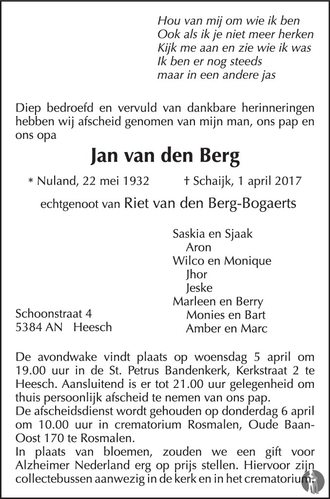 Jan van den Berg 01-04-2017 overlijdensbericht en condoleances ...