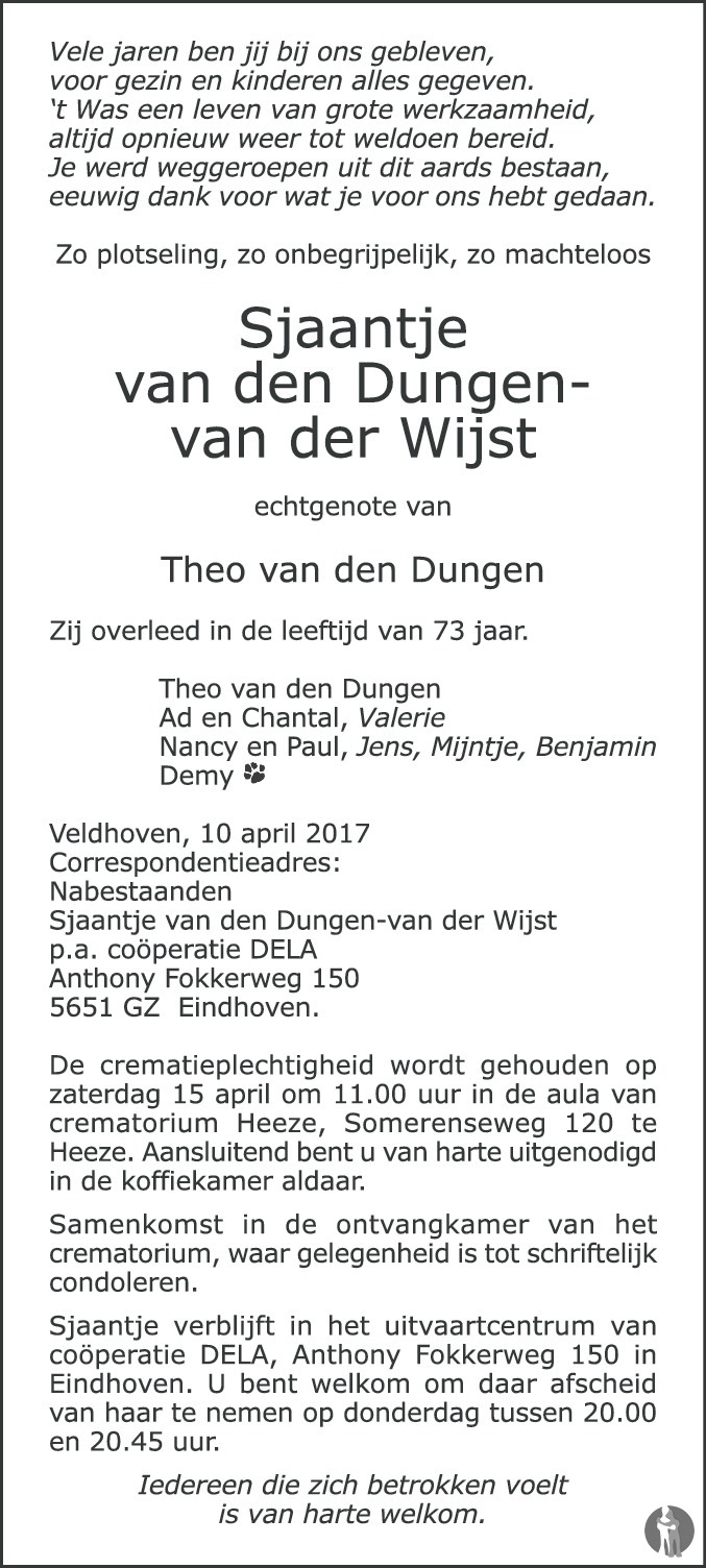 Sjaantje van den Dungen - van der Wijst ✝ 10-04-2017 overlijdensbericht en  condoleances - Mensenlinq.nl