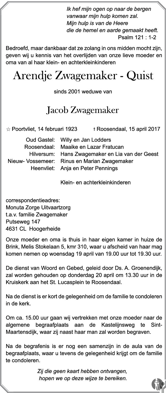 Overlijdensbericht van Arendje Zwagemaker - Quist in BN DeStem