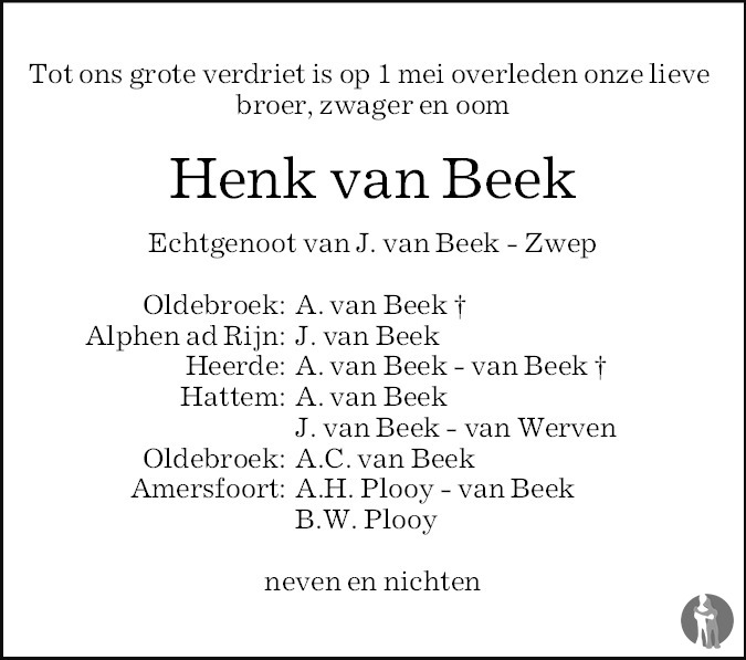 Hendrik (Henk) van Beek 01052017 overlijdensbericht en condoleances