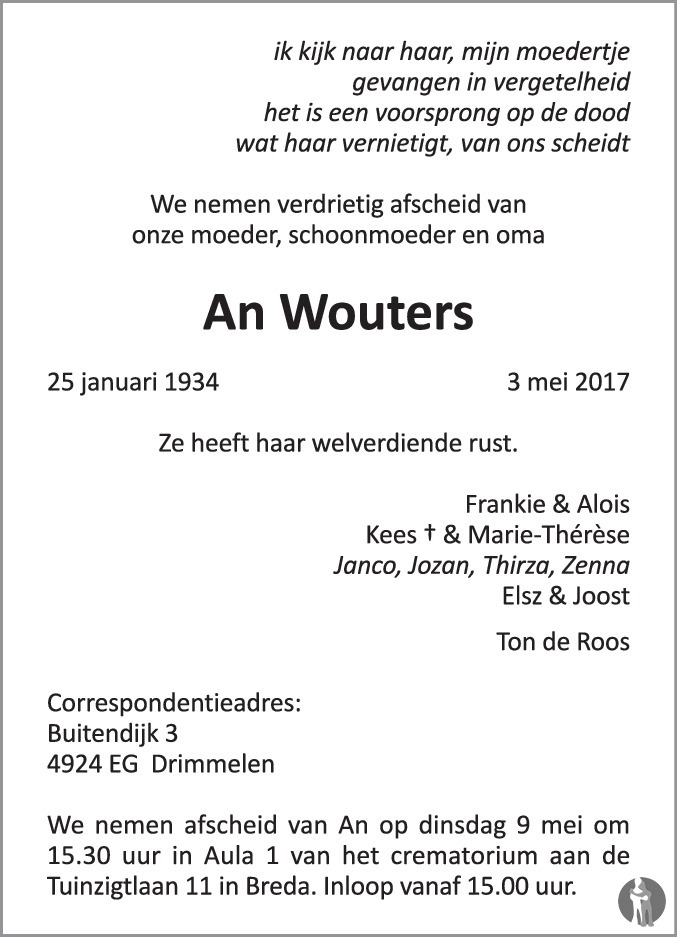 An Wouters 03-05-2017 overlijdensbericht en condoleances - Mensenlinq.nl