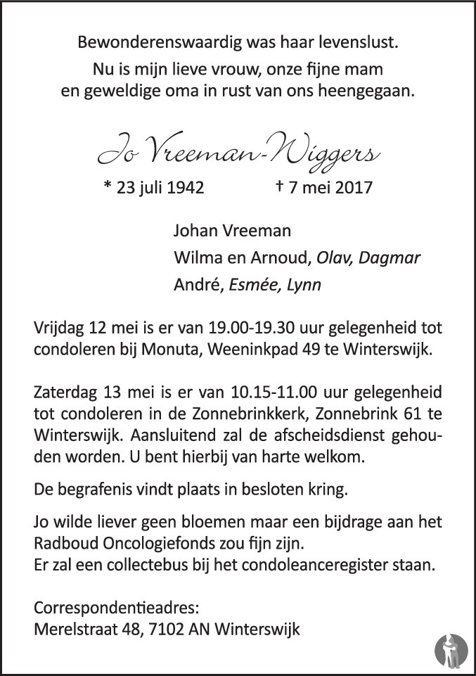 Jo Vreeman - Wiggers 07-05-2017 overlijdensbericht en condoleances ...