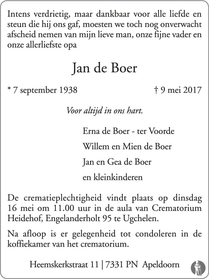 Jan de Boer 09-05-2017 overlijdensbericht en condoleances - Mensenlinq.nl