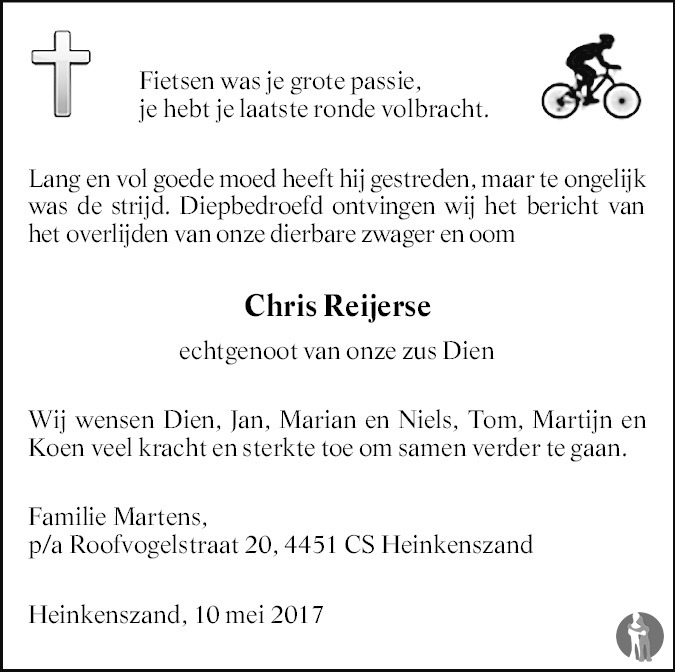 Overlijdensbericht van Christiaan Adriaan Cornelis (Chris) Reijerse in PZC Provinciale Zeeuwse Courant