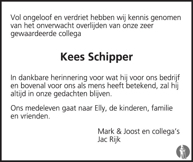 Overlijdensbericht van Cornelis Jacobus (Kees) Schipper in PZC Provinciale Zeeuwse Courant