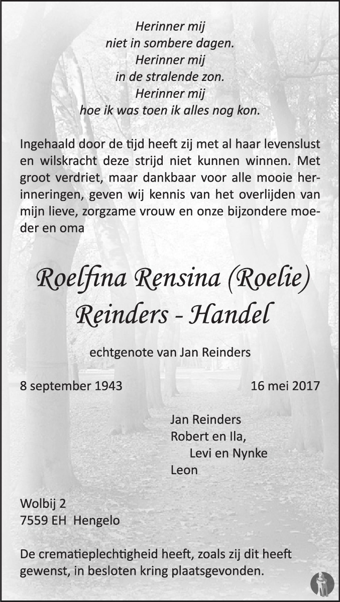 Roelfina Rensina Roelie Reinders Handel Overlijdensbericht En Condoleances